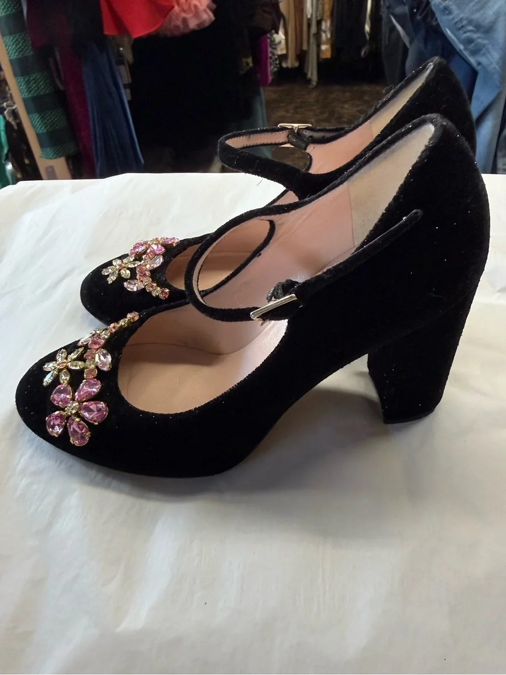 Kate Spade Ballina Black Velvet Crystal Mary Jane Pumps Heels 7.5 Italy